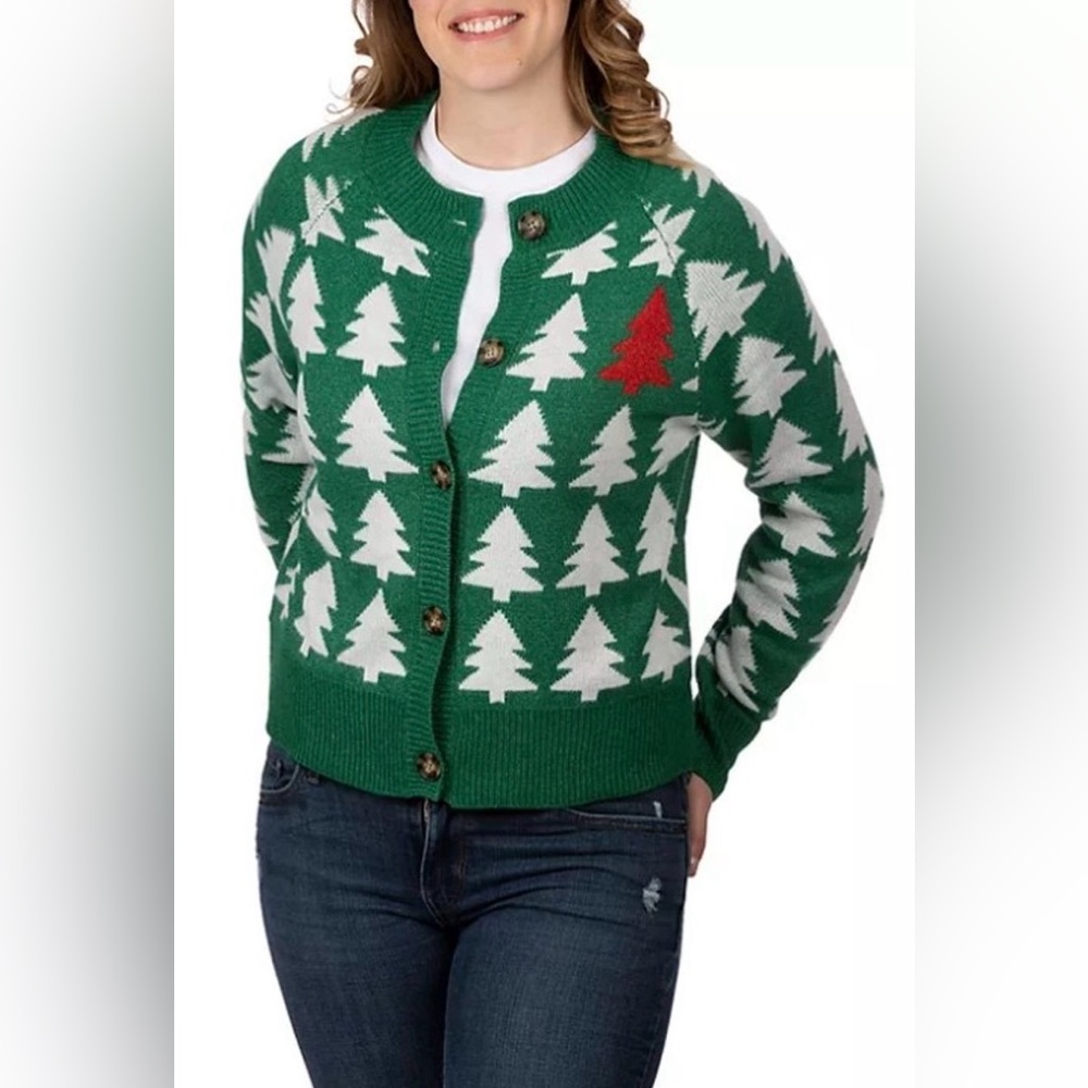 Women’s Holiday Green and White Tree Cardigan